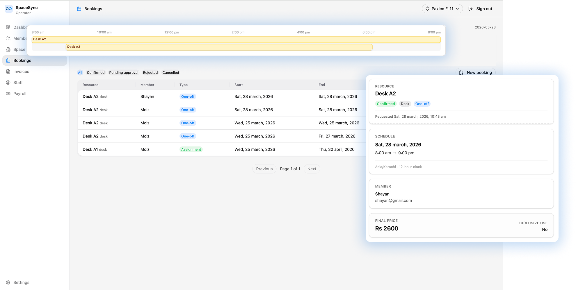 SpaceSync operator console showing booking calendar and request list