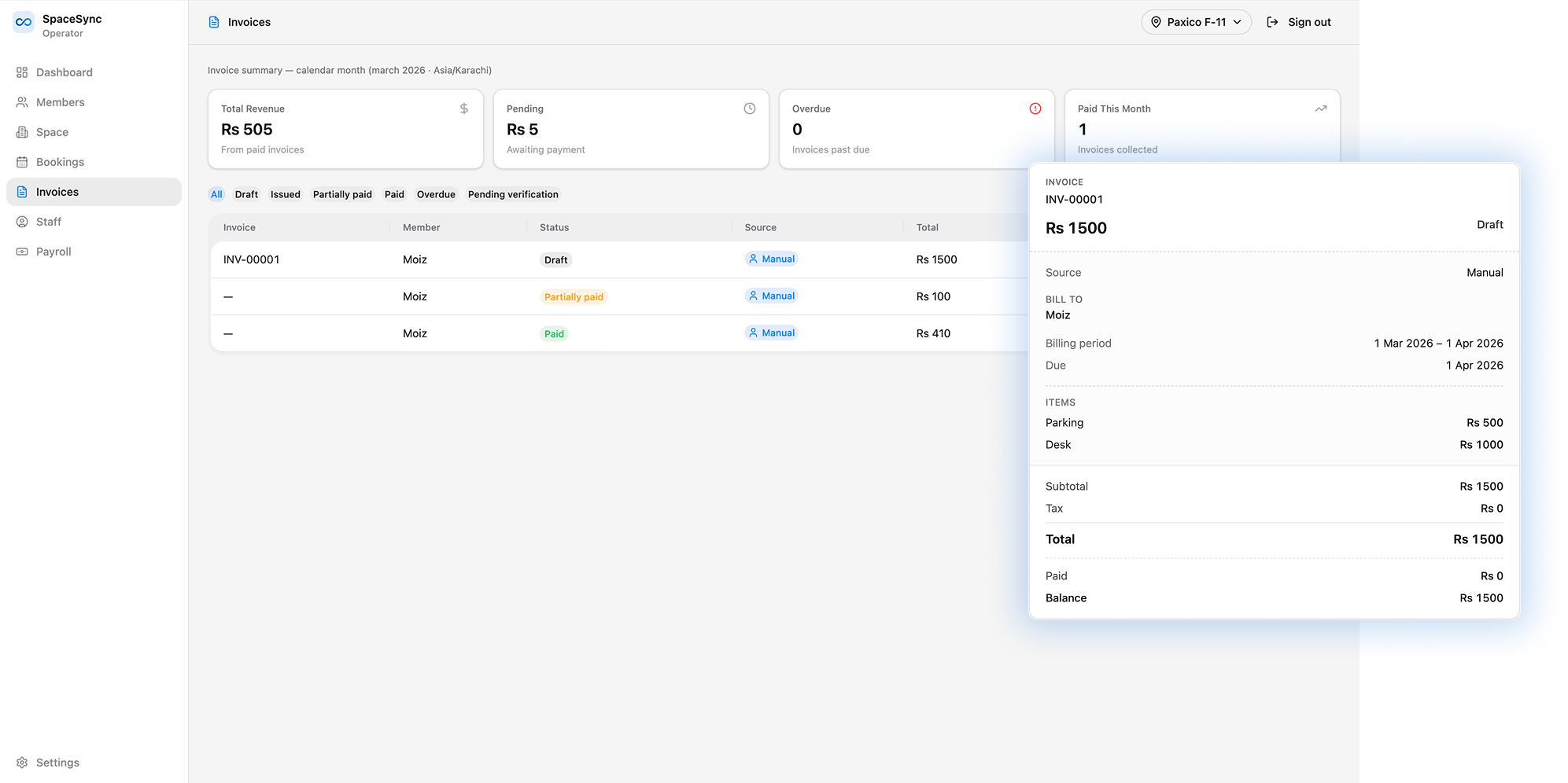 SpaceSync invoices and payments view with member context