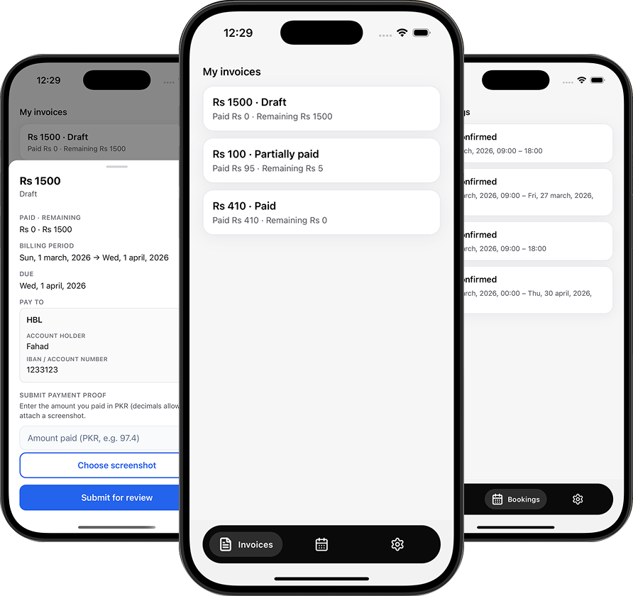 SpaceSync member mobile app showing bookings and account overview