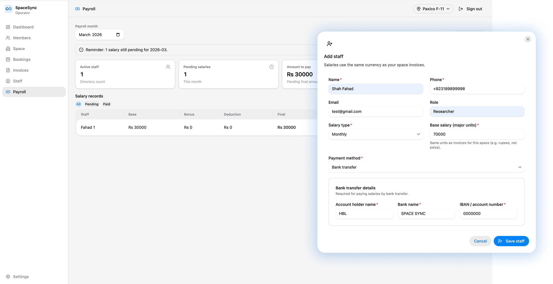 SpaceSync staff shifts and payroll context alongside operations